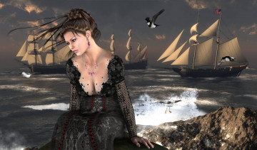 Картинка 3д+графика people+ люди девушка парусники облака море чайки