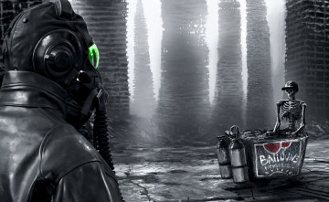 Картинка фэнтези люди противогаз каркасы кепка скелет руины человек