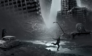 Картинка фэнтези люди туман развалины руины существа обломки фонарь лёд человек