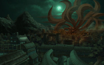 Картинка аниме naruto девятихвостый арт ночь луна деревня разгром