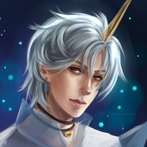 Обои картинки фото аниме, -animals, лицо, парень, единорог, рог, серьга, взгляд, кулон, арт, серые, волосы