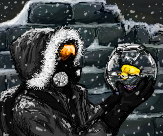 Обои картинки фото фэнтези, люди, мех, жёлтая, резиновая, аквариум, капюшон, уточка, парень, человек, противогаз, снег, стена