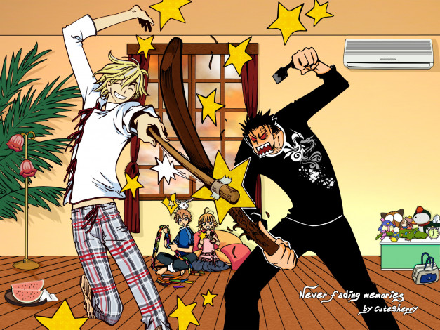 Обои картинки фото аниме, tsubasa reservoir chronicles, игрушки, гирлянда, fay, d, flourite, kurogane, растение, шторы, драка, комната, окно, арбуз, звезды, mokona, sakura, syaoran, люди