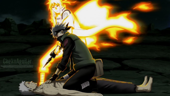 Обои картинки фото аниме, naruto, режим, кьюби, нечистивое, воскрешение, наруто, обито, учиха, какаши, хатаке, минато, намикадзе