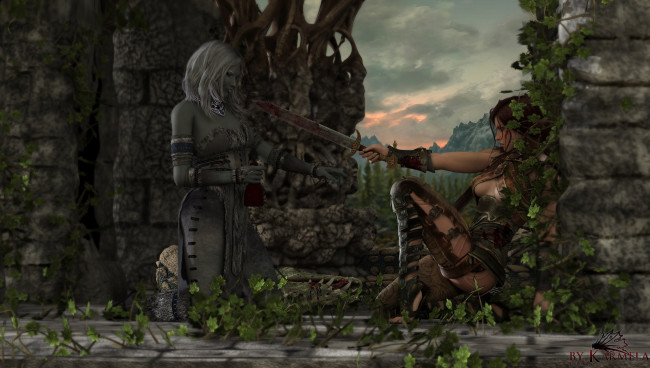 Обои картинки фото 3д графика, fantasy , фантазия, меч, девушка