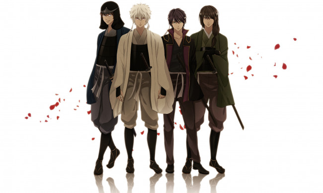 Обои картинки фото аниме, gintama, мечи, лепестки, самураи, гинтама, takasugi, shinsuke, tatsuma, sakamoto, katsura, kotaro, sakata, gintoki, катаны