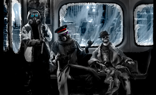 Обои картинки фото фэнтези, люди, противогазы, скелет, окна, капюшон