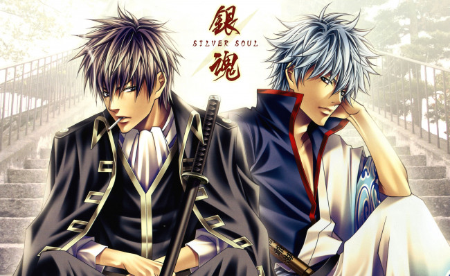 Обои картинки фото аниме, gintama, сигарета, иероглифы, мечи, hijikata, toushirou, парни, лестница, sakata, gintoki