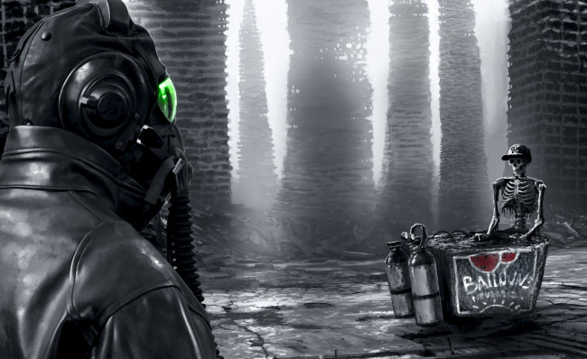 Обои картинки фото фэнтези, люди, противогаз, каркасы, кепка, скелет, руины, человек