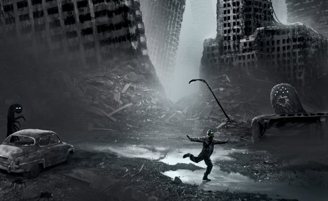 Обои картинки фото фэнтези, люди, туман, развалины, руины, существа, обломки, фонарь, лёд, человек