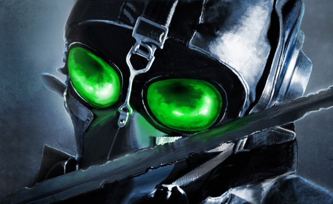 Обои картинки фото фэнтези, люди, человек, зелёные, очки, лезвие, меч