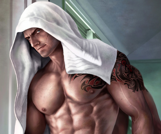 Обои картинки фото рисованное, люди, парень, мужчина, торс, мускулы, полотенце