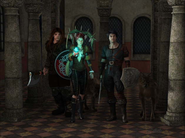 Обои картинки фото 3д графика, фантазия , fantasy, девушка, взгляд, фон, парень, оружие