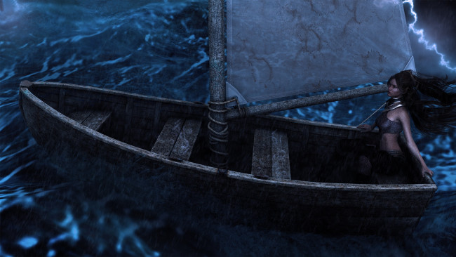 Обои картинки фото 3д графика, люди , people, девушка, взгляд, фон, море, лодка