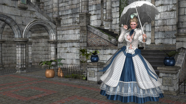 Обои картинки фото 3д графика, люди , people, улыбка, фон, девушка, взгляд, зонтик