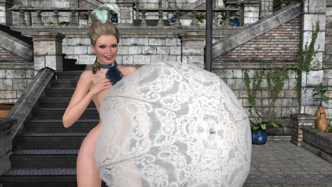 Обои картинки фото 3д графика, люди , people, взгляд, зонтик, улыбка, фон, девушка