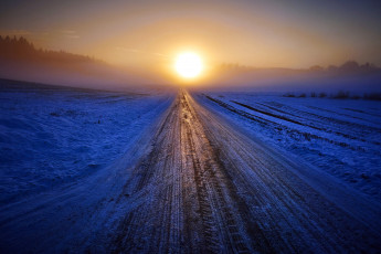 Картинка природа дороги закат снег дорога зима