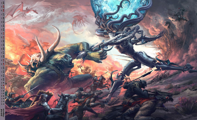Обои картинки фото календари, фэнтези, сражение, существо, битва, робот