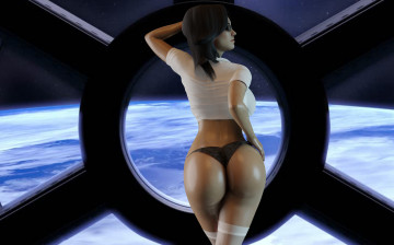 обоя 3д графика, фантазия , fantasy, девушка, фон, иллюминатор, космос, планета, большая, попа, чулки