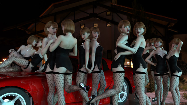 Обои картинки фото 3д графика, люди-авто, мото , people- car ,  moto, девушки, фон, взгляд, чулки, автомобиль