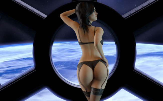 Обои картинки фото 3д графика, фантазия , fantasy, девушка, фон, чулки, бельё, иллюминатор, космос, планета, большая, попа