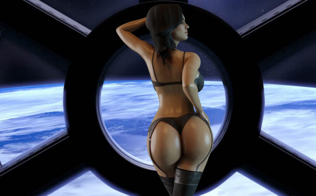 Обои картинки фото 3д графика, фантазия , fantasy, девушка, фон, чулки, бельё, иллюминатор, космос, планета, большая, попа