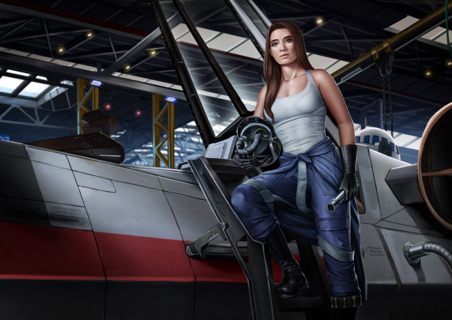 Обои картинки фото фэнтези, _star wars, девушка, фон, взгляд, униформа, самолет