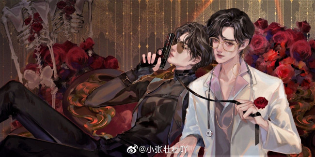 Обои картинки фото рисованное, кино,  мультфильмы, ван, ибо, сяо, чжань, роли, пистолет, поводок, розы