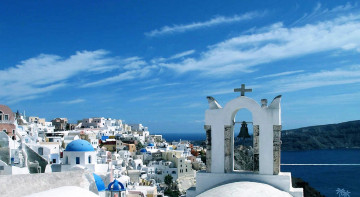 обоя города, санторини , греция, дома, колокол, остров, море