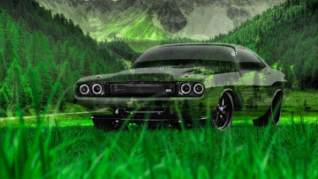 обоя разное, компьютерный дизайн, dodge, challenger, машина, трава, горы, лес