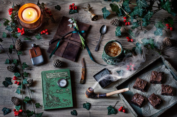 Картинка еда натюрморт свеча кофе пирожные курительная трубка