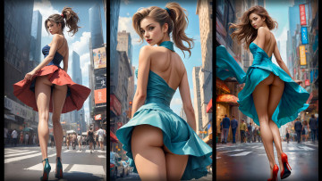 Картинка эро-графика нейрографика девушки нейросеть коллаж upskirt платье задралось приподняла ветер трусики вид сзади