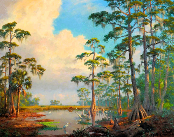 Обои картинки фото albert ernest backus, рисованное, лес, деревья, озеро, цалли