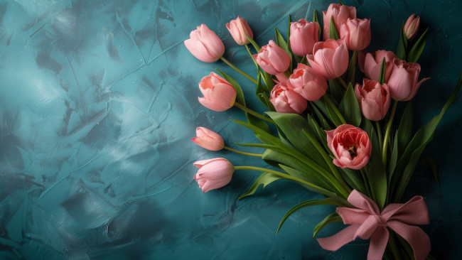 Обои картинки фото 3д графика, цветы , flowers, розовые, тюльпаны, лента, бант
