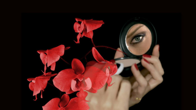 Обои картинки фото разное, глаза, орхидеи, руки, зеркало, глаз