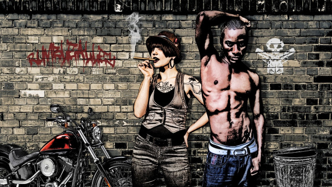 Обои картинки фото рисованные, люди, мотоцикл