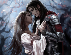 Картинка фэнтези люди объятия девушка цветки ветка парень