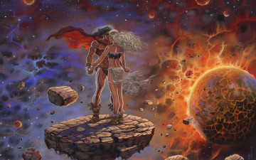 Картинка фэнтези люди космос планета осколки любовь пара двое парень девушка