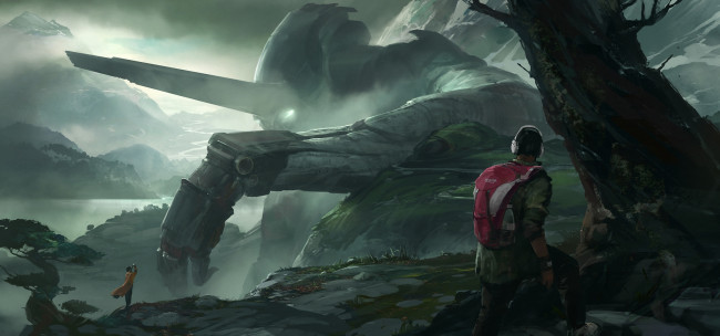 Обои картинки фото фэнтези, роботы,  киборги,  механизмы, иной, мир, горы, робот, гигант, люди