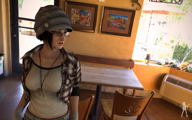 Обои картинки фото 3д графика, люди , people, стол, очки, шляпа, фон, взгляд, девушка