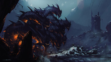 Картинка фэнтези существа снег холод фантастика монстр головы гидра