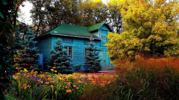 Картинка разное сооружения +постройки дом цветы деревья старый