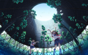 Картинка аниме город +улицы +здания девушки взгляд фон