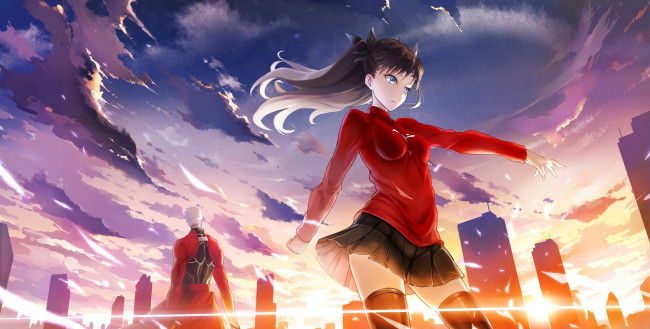 Обои картинки фото аниме, fate, stay night, фон, взгляд, девушка