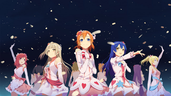 Обои картинки фото аниме, love live,  school idol project, фон, девушки, взгляд