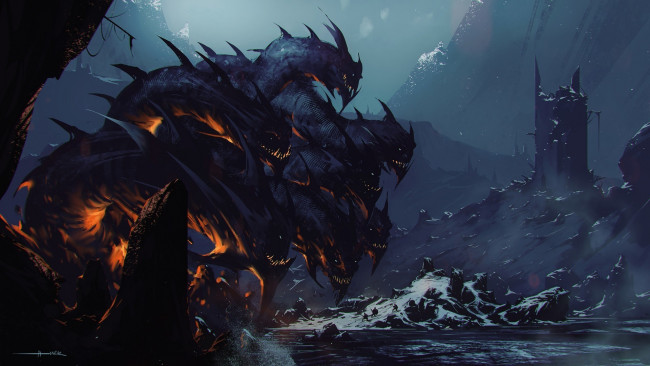 Обои картинки фото фэнтези, существа, снег, холод, фантастика, монстр, головы, гидра