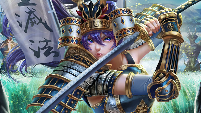 Обои картинки фото senki zesshou symphogear, аниме, оружие, взгляд, фон, девушка