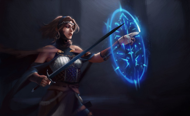 Обои картинки фото фэнтези, магия, меч, оружие, взгляд, девушка, арт