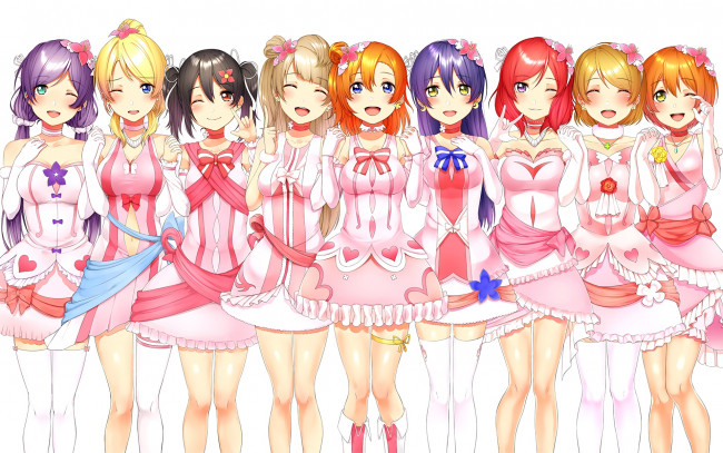 Обои картинки фото аниме, love live,  school idol project, девушки, взгляд, фон