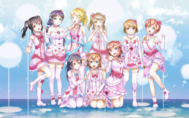 Обои картинки фото аниме, love live,  school idol project, взгляд, девушки, фон